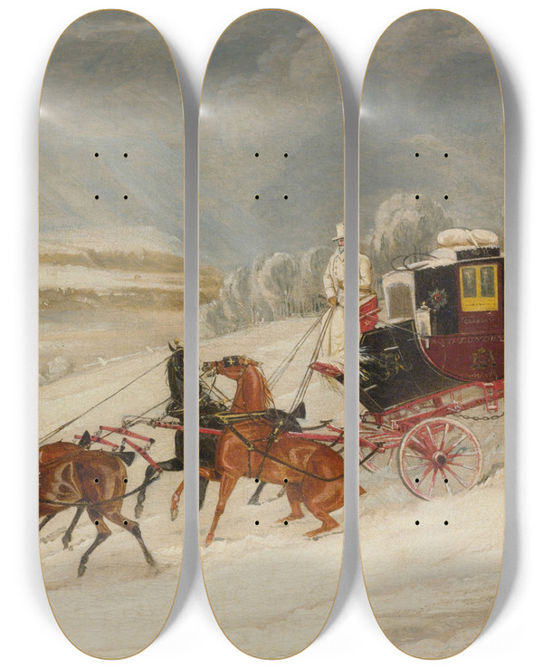 Triptych art skateboard deck of James Pollard The Londonglasgow Royal Mail Coach Descending A Hill In A Snowstorm by James Pollard (1792-1867)
