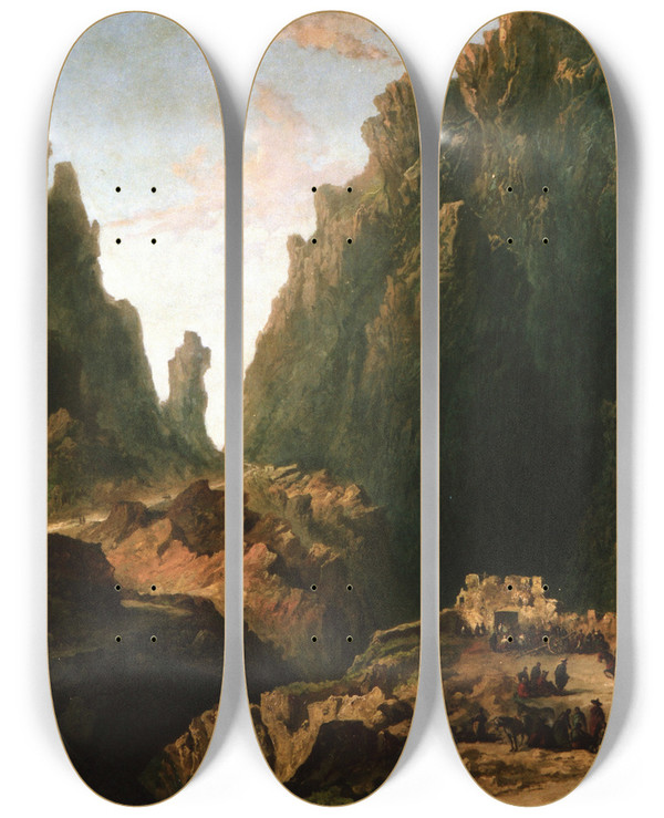 Triptych art skateboard deck of Eugenio Lucas Velzquez Landscape With Smugglers by Eugenio Lucas Velazquez (1817-1870)