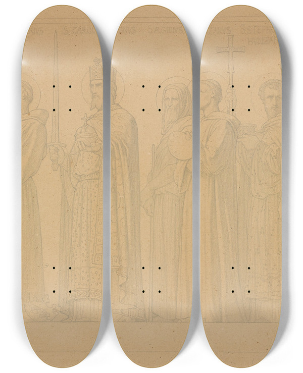 Triptych art skateboard deck of Hippolyte Flandrin Study Of Seven Saints For The Nave Of The Church Of Saintvincentdepaul Paris by Hippolyte Flandrin