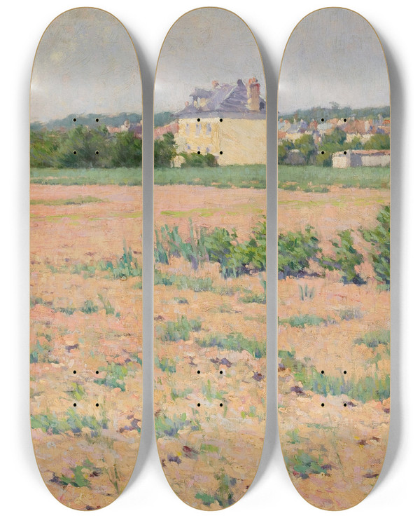 Triptych art skateboard deck of French School French Country Landscape With Houses In The Distance by French School (16-19-)