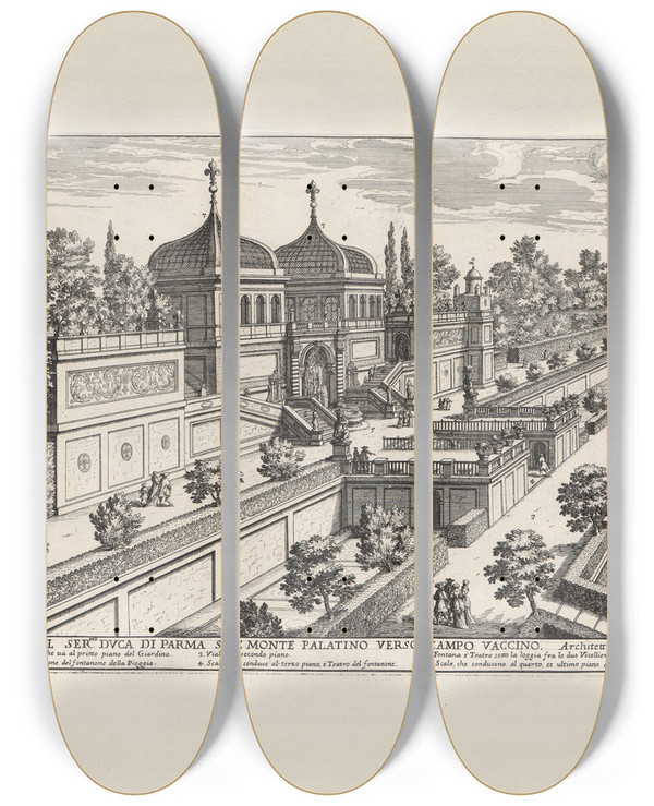Triptych art skateboard deck of Giovanni Battista Falda Li Giardini Di Roma Con Le Loro Piante Alzate E Vedvte In Prospettiva Pl08 by Giovanni Battista Falda (1643-1678)