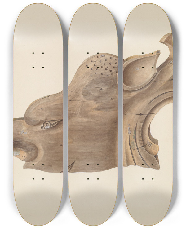 Triptych art skateboard deck of Clayton Clements Animal Head by Clayton Clements