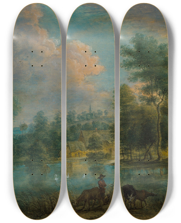 Triptych art skateboard deck of Lucas Van Uden A River Landscape With Travellers by Lucas Van Uden (1595-1672)