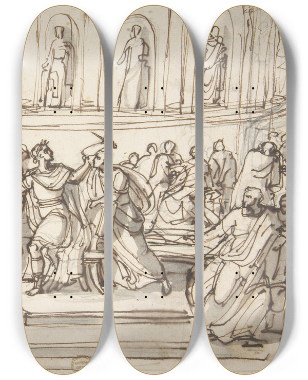 Triptych art skateboard deck of Vincenzo Camuccini Assassination Of Julius Caesar by Vincenzo Camuccini (1771-1844)