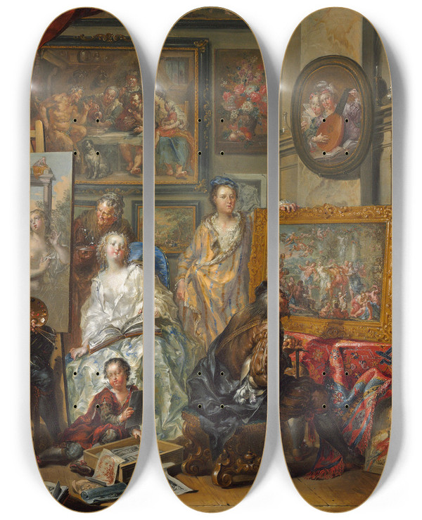Triptych art skateboard deck of Johann Georg Platzer The Artists Studio by Johann Georg Platzer (1704-1761)