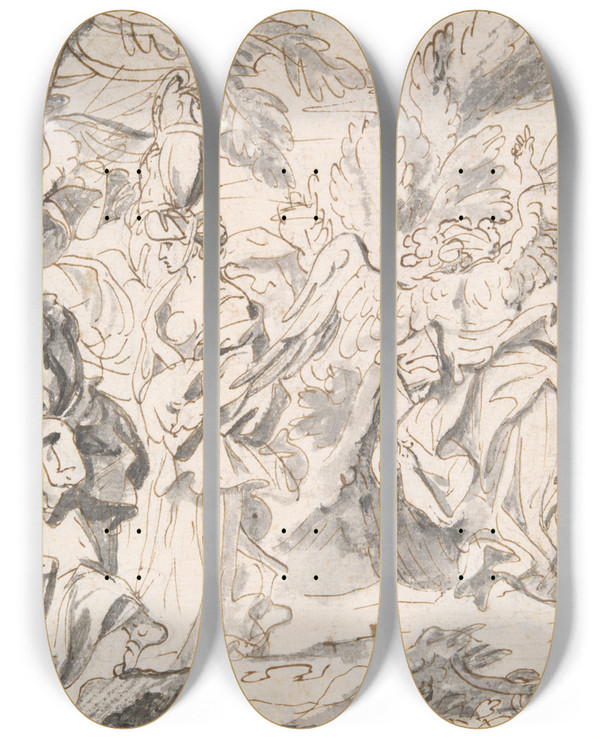 Triptych art skateboard deck of Jeanbaptiste Corneille Destruction Ofsodom by Jean-Baptiste Corneille (1649-1695)