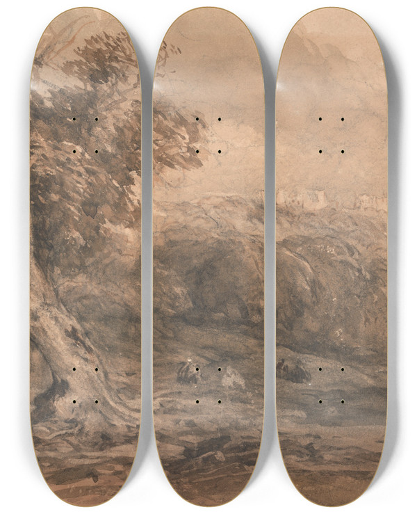 Triptych art skateboard deck of David Cox Warwick Castle by David Cox (1783-1859)