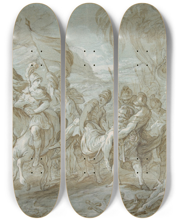 Triptych art skateboard deck of Franois Lemoyne Alexander And Porus Early by Francois Lemoyne (1688-1737)