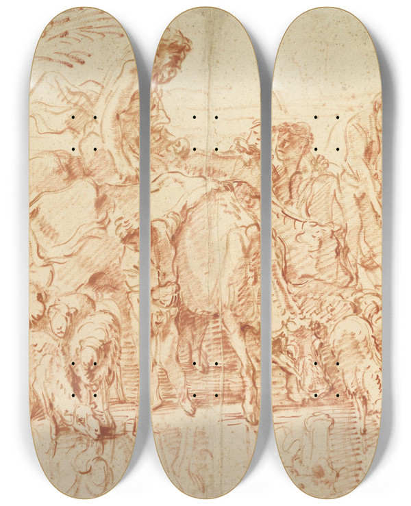 Triptych art skateboard deck of Giovanni Benedetto Castiglione Pastoral Journey With Flocks And Herds At A Stream by Giovanni Benedetto Castiglione (1609-1664)