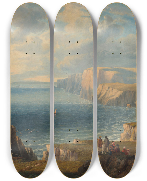 Triptych art skateboard deck of John Wilson Carmichael Walkers On The Cliffs Above Freshwater Bay Viewed From The East by John Wilson Carmichael (1800-1868)