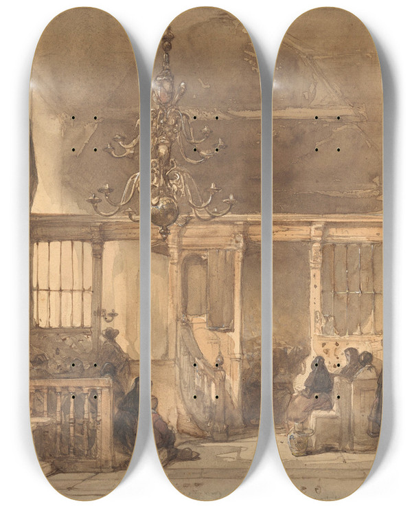 Triptych art skateboard deck of Johannes Bosboom Interieur Van Een Kerk Te Utrecht by Johannes Bosboom (1817-1891)