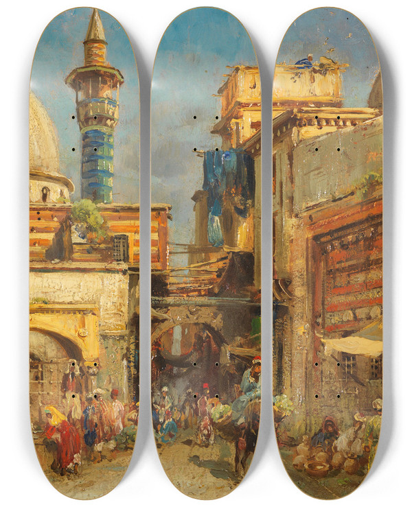 Triptych art skateboard deck of Carl Wuttke Marktstrae In Damaskus by Carl Wuttke (1849-1927)