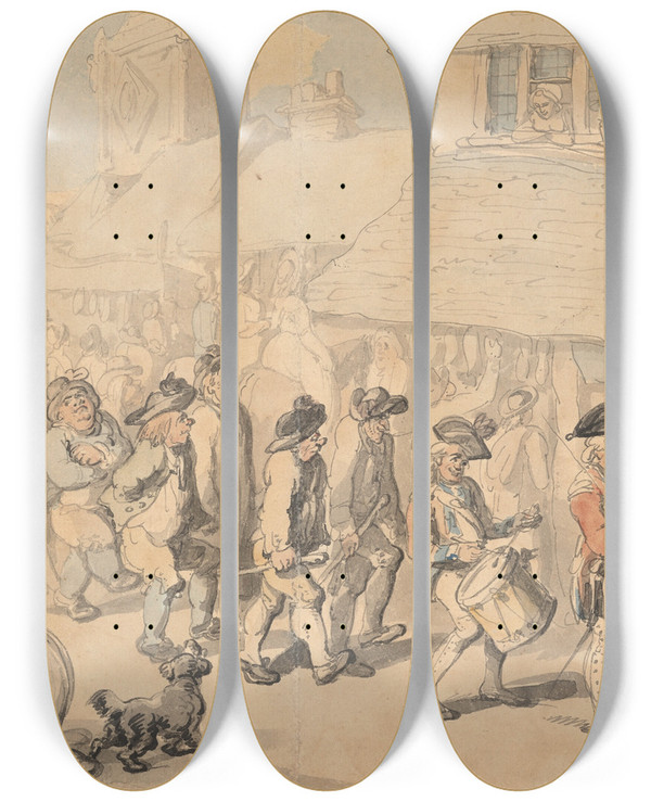 Triptych art skateboard deck of Thomas Rowlandson Recruiting Soldiers At Brentford by Thomas Rowlandson (1756-1827)