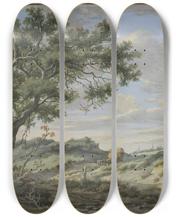 Triptych art skateboard deck of Carel Lodewijk Hansen Rechts Eine Windmhle Auf Dem Weg Ein Wagen Mit Stroh by Carel Lodewijk Hansen (1765-1840)