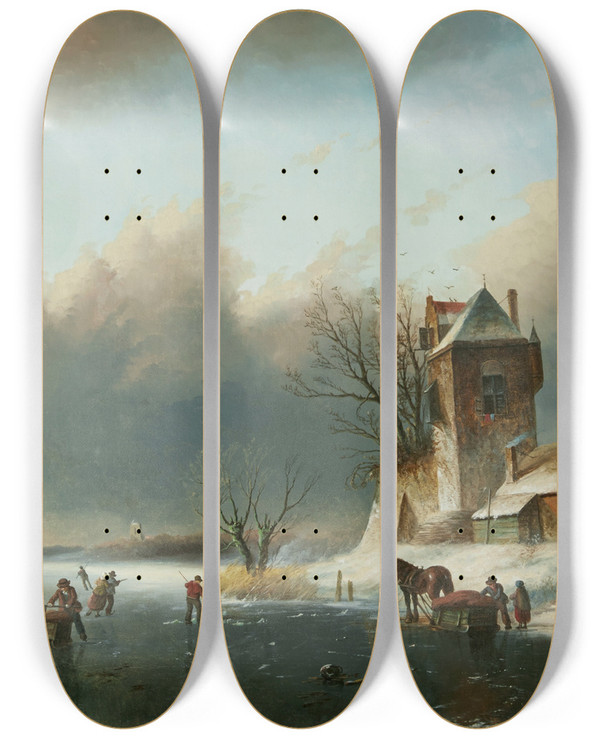 Triptych art skateboard deck of Jan Jacob Coenraad Spohler Ice Skaters On A Canal by Jan Jacob Coenraad Spohler (1837-1923)