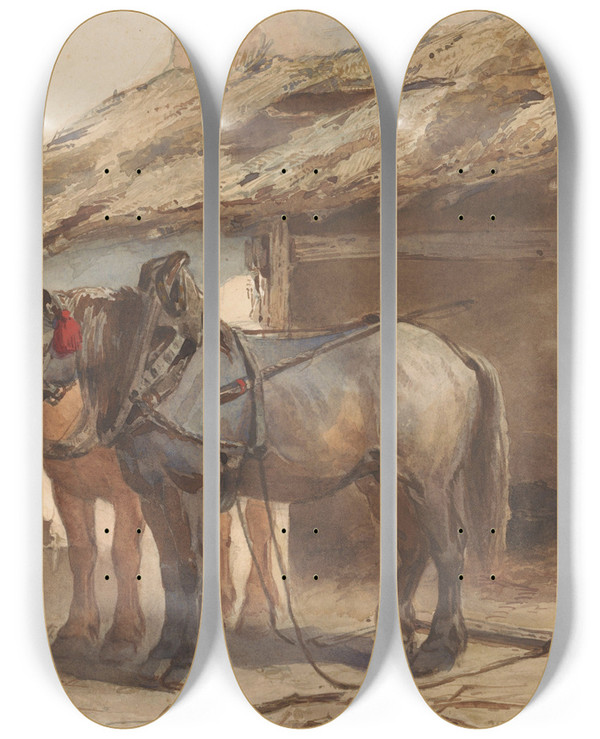 Triptych art skateboard deck of Wouterus Verschuur Twee Paarden Staand Voor Een Stal by Wouterus Verschuur (1812-1874)