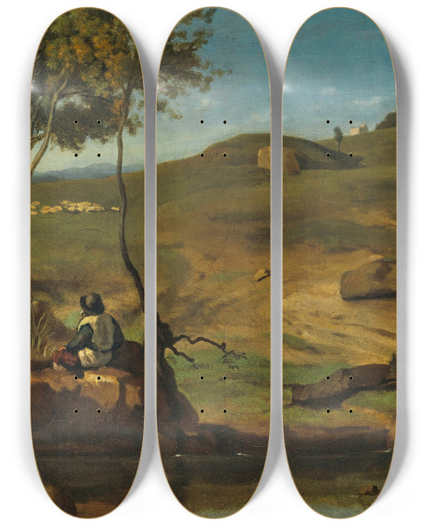 Triptych art skateboard deck of Jeanbaptistecamille Corot Campagne Italienne by Jean-Baptiste-Camille Corot (1796-1875)