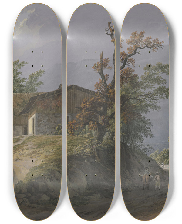 Triptych art skateboard deck of Jeanantoine Linck Vue De Vi En Salas Et Du Mle by Jean-Antoine Linck (1766-1843)