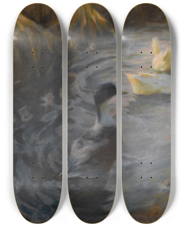 Triptych art skateboard deck of Alexander Koester Ducks Among Reeds In A Pond_2 by Alexander Koester (1864-1932)