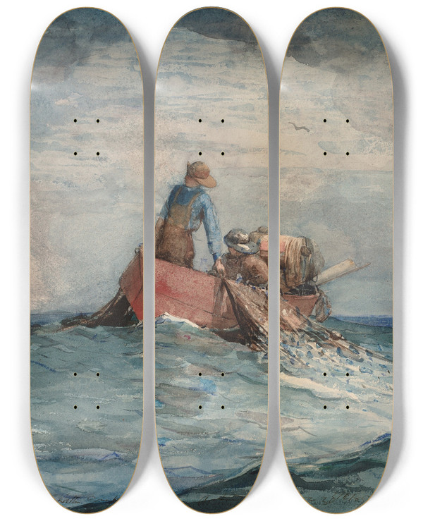 Triptych art skateboard deck of Winslow Homer Hauling In The Nets by Winslow Homer (1836-1910)