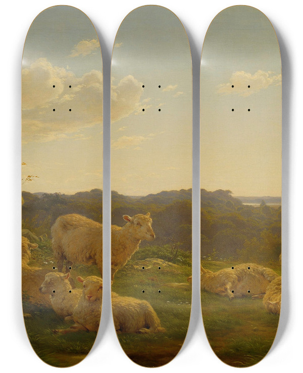 Triptych art skateboard deck of Carlo Dalgas Sheep On A Hill Near Skarrids by Carlo Dalgas (1821-1851)