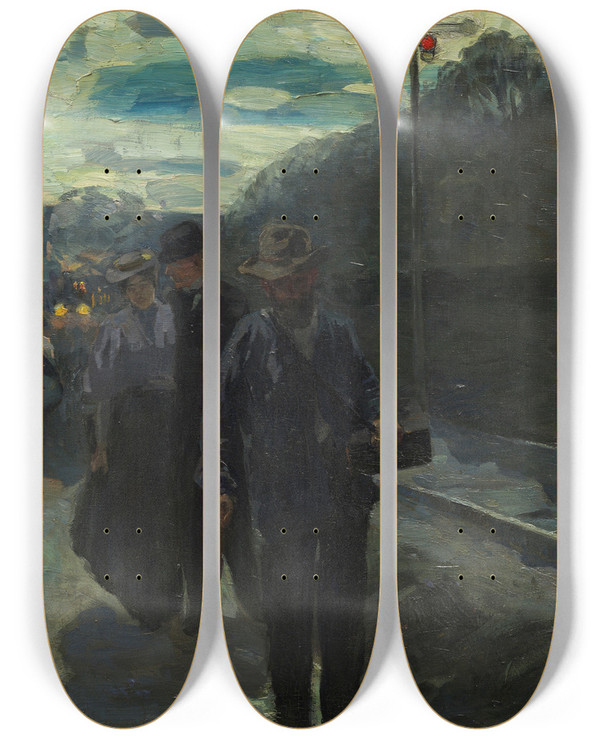Triptych art skateboard deck of Hermann Pleuer Vorstadtbahnhof Im Mondschein by Hermann Pleuer (1863-1911)