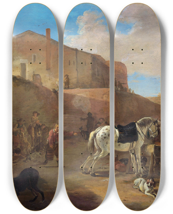 Triptych art skateboard deck of Dirk Stoop The Hunting Party by Dirk Stoop (1615-1686)
