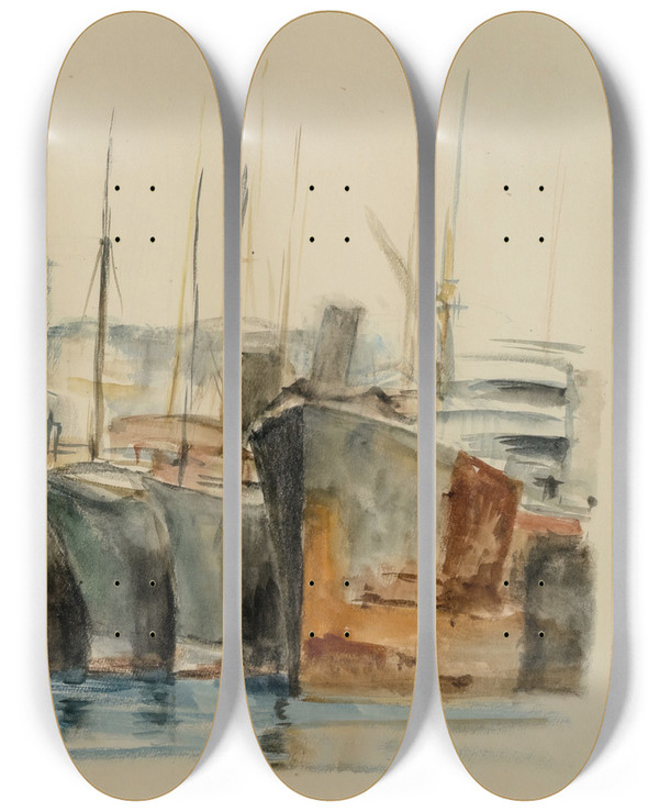 Triptych art skateboard deck of Gottfried Graf Hochseeschlepper Im Hafen by Gottfried Graf (1881-1938)