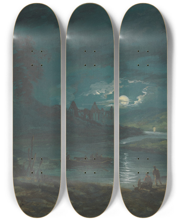 Triptych art skateboard deck of John Laporte Night River Landscape With A Ruined Abbey by John Laporte (1761-1839)