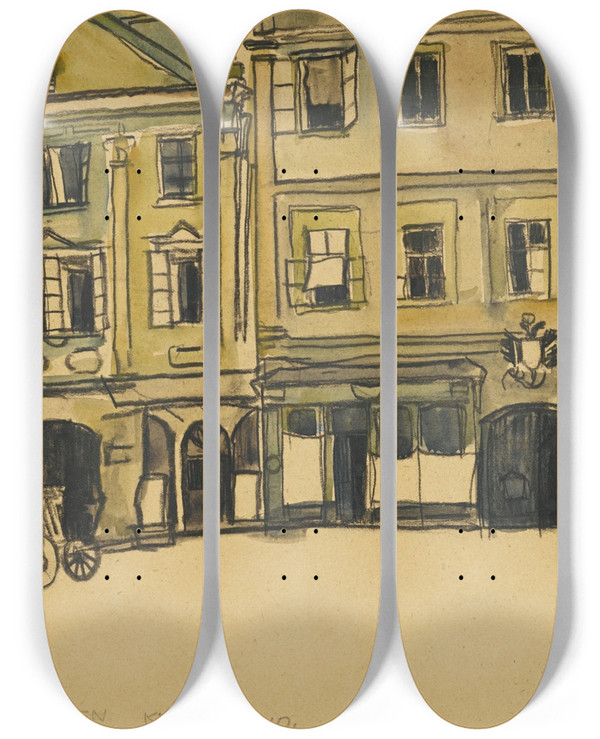 Triptych art skateboard deck of Egon Schiele Ringplatzkrummau by Egon Schiele (1890-1918)