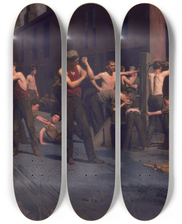 Triptych art skateboard deck of Thomas Pollock Anshutz The Ironworkers Noontime by Thomas Pollock Anshutz (1851-1912)