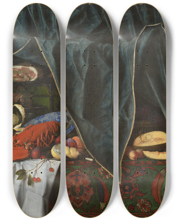 Triptych art skateboard deck of Cornelius Norbertus Gijsbrechts Trompe Loeil With Breakfast Piece And Goblets by Cornelius Norbertus Gijsbrechts (1630-1675)