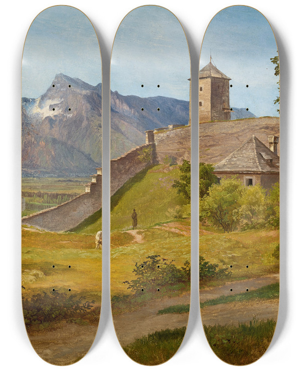 Triptych art skateboard deck of Friedrich Loos Das Militrwachthaus Und Der Josefsturm Auf Dem Salzburger Mnchsberg by Friedrich Loos (1797-1890)