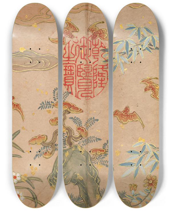 Triptych art skateboard deck of Zhang Ruoai Bats Rocks Flowers Oval Calligraphy by Zhang Ruoai (1713-1746)
