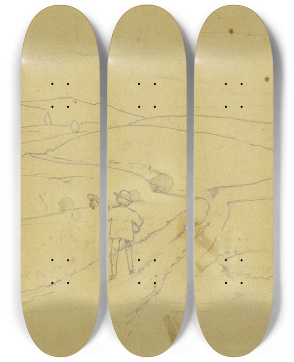 Triptych art skateboard deck of Hans Thoma Wanderer Mit Gitarre Junitag by Hans Thoma (1839-1924)