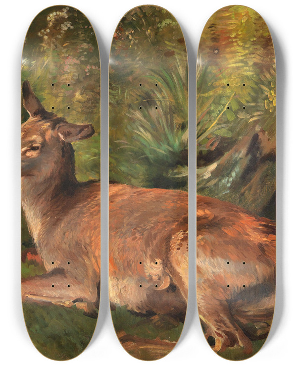 Triptych art skateboard deck of Franz Xaver Von Pausinger Resting Hind by Franz Xaver von Pausinger (1839-1915)
