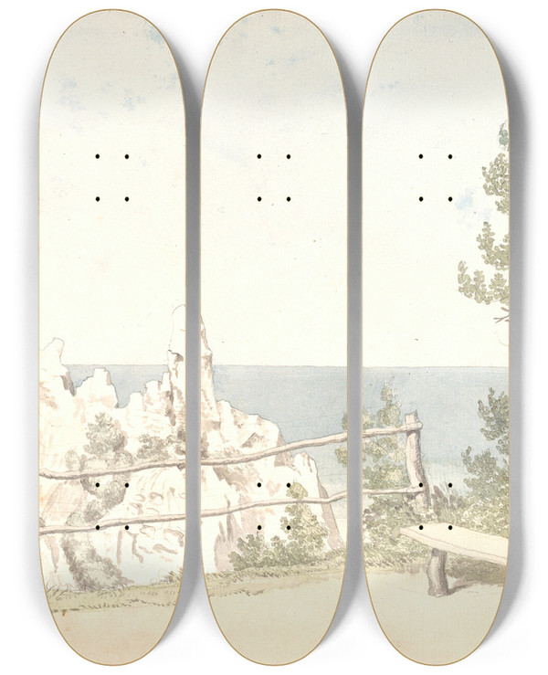 Triptych art skateboard deck of Christoffer Wilhelm Eckersberg Udsigt Fra Mns Klint Ved Sommerspiret_2 by Christoffer Wilhelm Eckersberg (1783-1853)