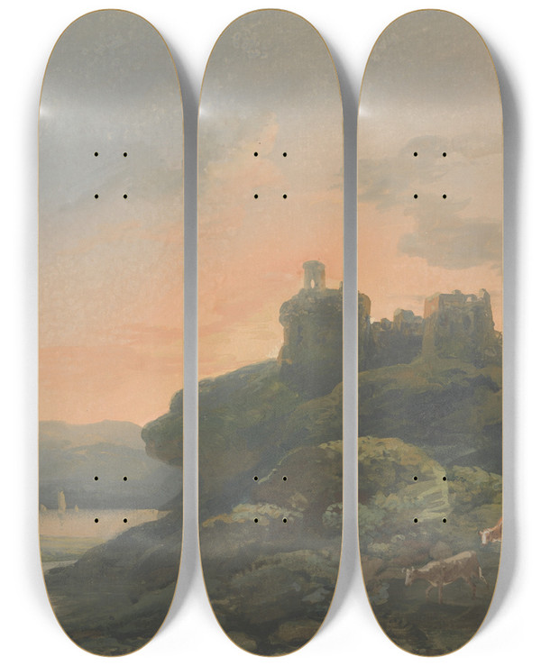 Triptych art skateboard deck of John Laporte Evening Landscape With A Ruined Castle by John Laporte (1761-1839)