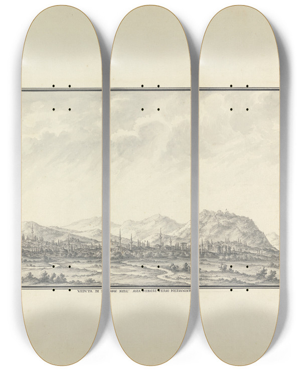 Triptych art skateboard deck of Giovanni Battista Borra View Of The Modern City Of Pergamon by Giovanni Battista Borra (1713-1770)