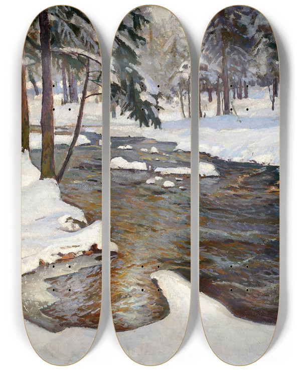 Triptych art skateboard deck of Stefan Filipkiewicz Forest Stream In Winter by Stefan Filipkiewicz (1879-1944)