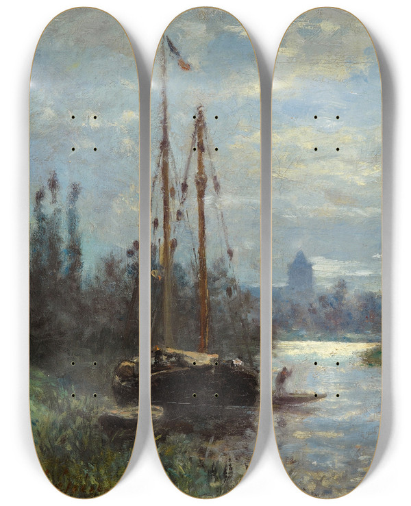Triptych art skateboard deck of Stanislas Lpine Canal Au Clair De Lune by Stanislas Lepine (1835-1892)