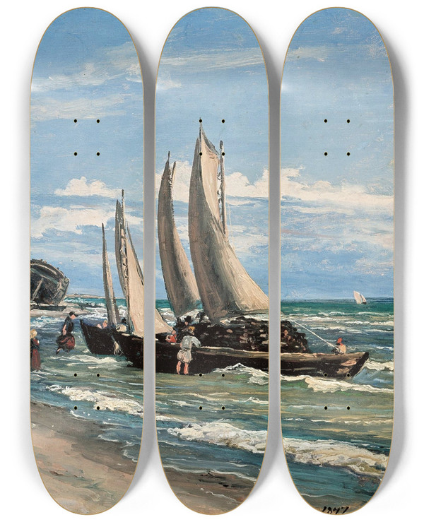 Triptych art skateboard deck of Martinus Rrbye Beach At Skagen Vesterby by Martinus Rorbye (1803-1848)