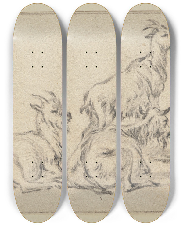 Triptych art skateboard deck of Jacob Cats Three Goats by Jacob Cats (1741-1799)
