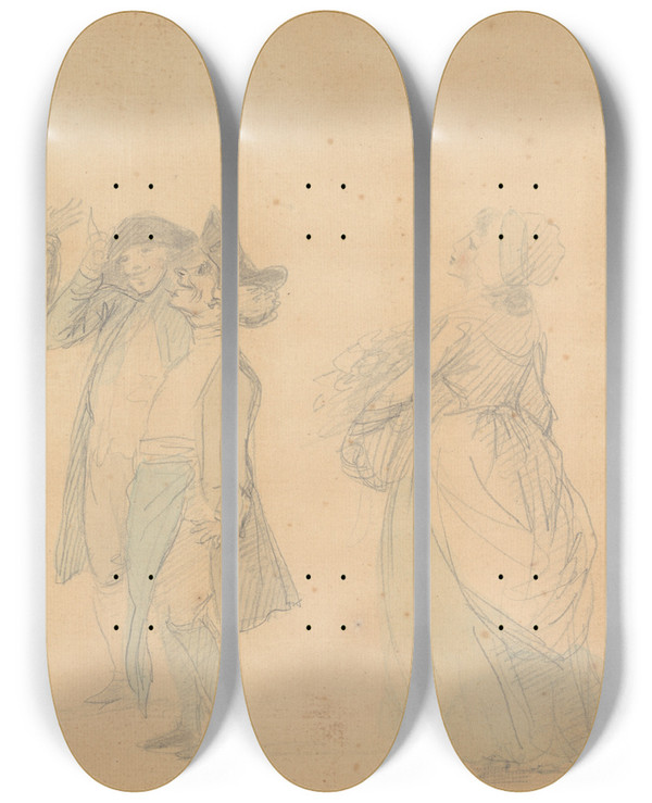 Triptych art skateboard deck of Henry William Bunbury The Balloon by Henry William Bunbury (1750-1811)