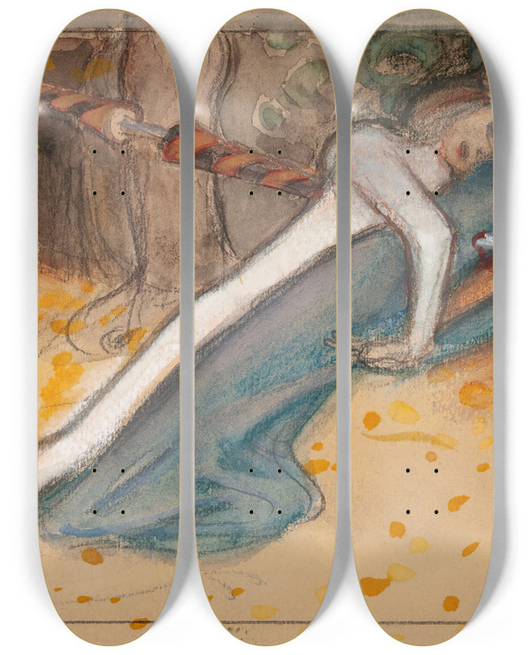 Triptych art skateboard deck of Akseli Gallenkallela Sketch Of The Youngman And The Pierced Maid by Akseli Gallen Kallela (1865-1931)