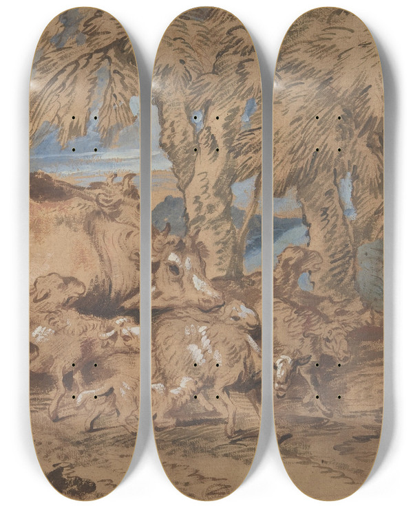 Triptych art skateboard deck of Giovanni Benedetto Castiglione Pastoral Scene Nomads With Sheep And Cattle_2 by Giovanni Benedetto Castiglione (1609-1664)