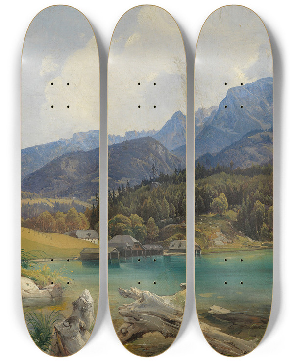 Triptych art skateboard deck of Leopold Rottmann Knigssee Mit Dem Einschiffungsplatz by Leopold Rottmann (1812-1881)