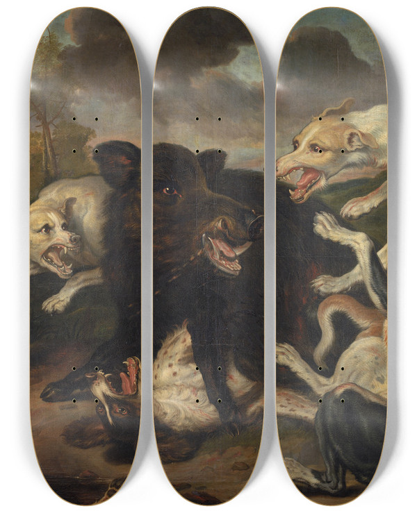 Triptych art skateboard deck of Juriaen Jacobsz A Boar Hunt by Juriaen Jacobsz (1624-1685)