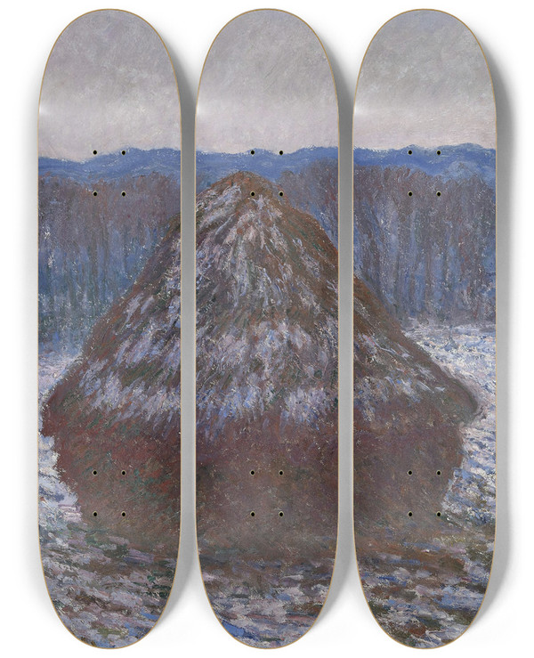 Triptych art skateboard deck of Claude Monet Stack Of Wheat by Claude Monet (1840-1926)