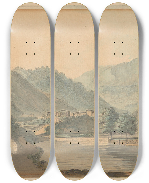 Triptych art skateboard deck of Samuel Davis Mountainous Scene With Buildings And River by Samuel Davis (1757-1819)
